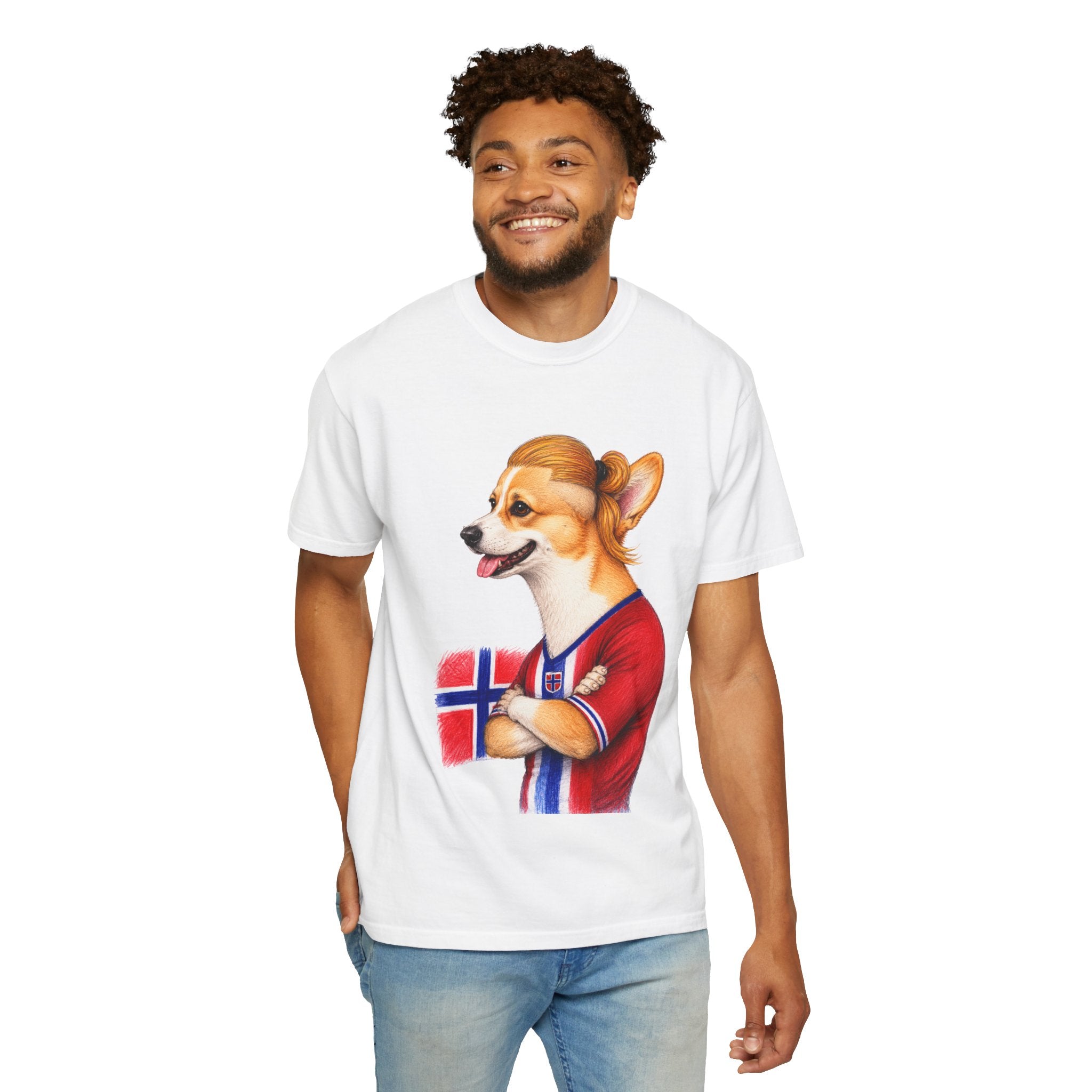 Norwegian Haaland x Corgi Flag T‑Shirt — Cute Corgi in Norway Jersey