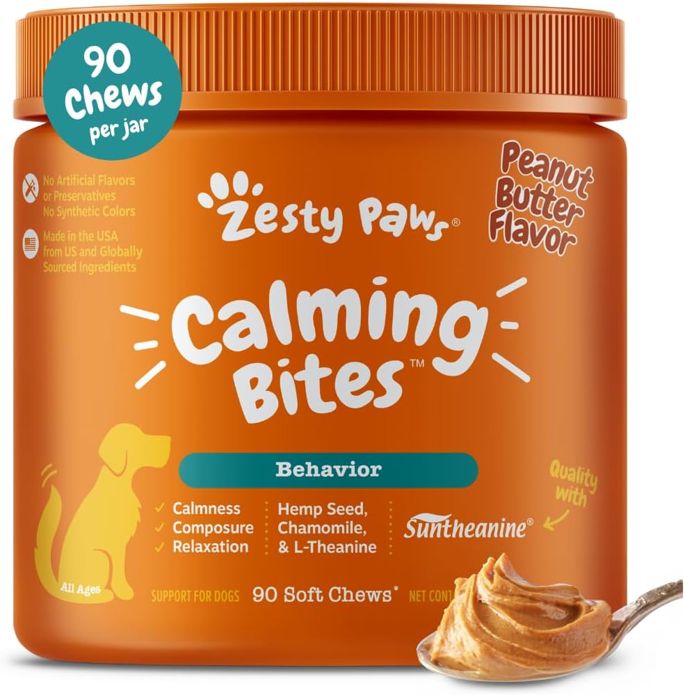 Zesty Paws Calming Bites for Dogs – Peanut Butter 90 Count Anxiety Relief Chews