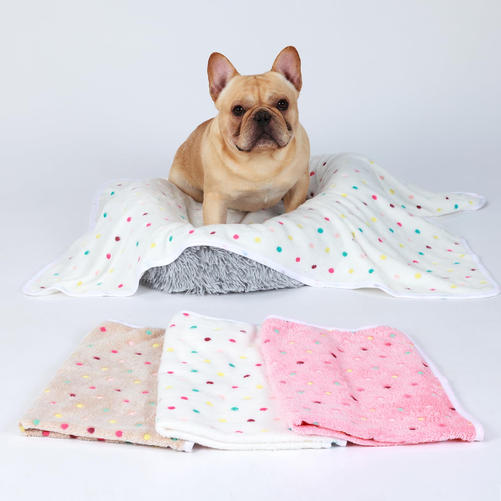 1 Pack 3 Blankets Super Soft Cute Dot Pattern Pet Blanket Flannel Throw for Dog Puppy Cat - Snuggle Blanket - Beige/Brown/Pink Small
