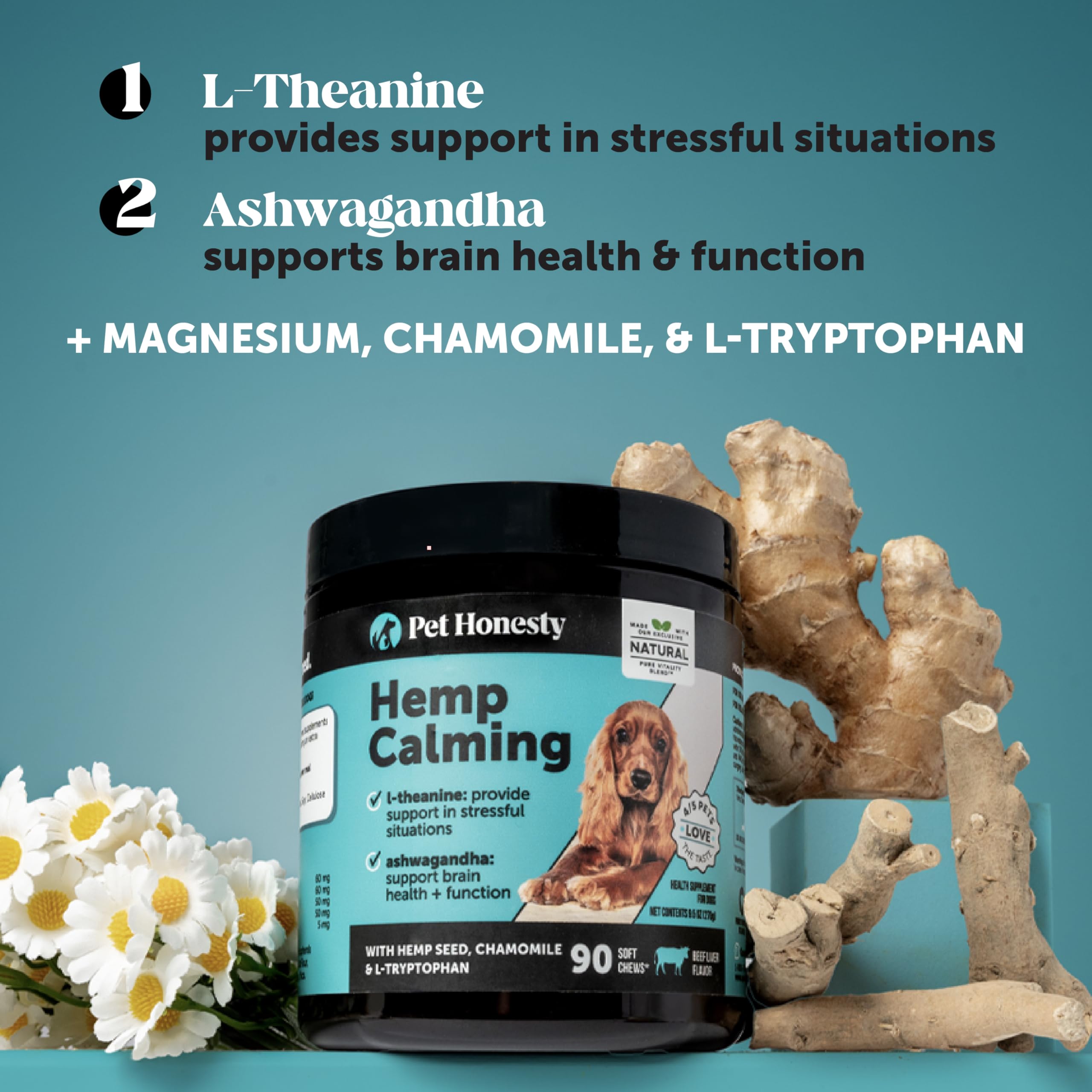 Natural Hemp Dog Calming Chews for Occasional Anxiousness & Stress - Calming Treats for Thunderstorms, Fireworks, Separation & Travel - with Ashwagandha, L-Theanine, Valerian Root (Chicken, 90 Ct)