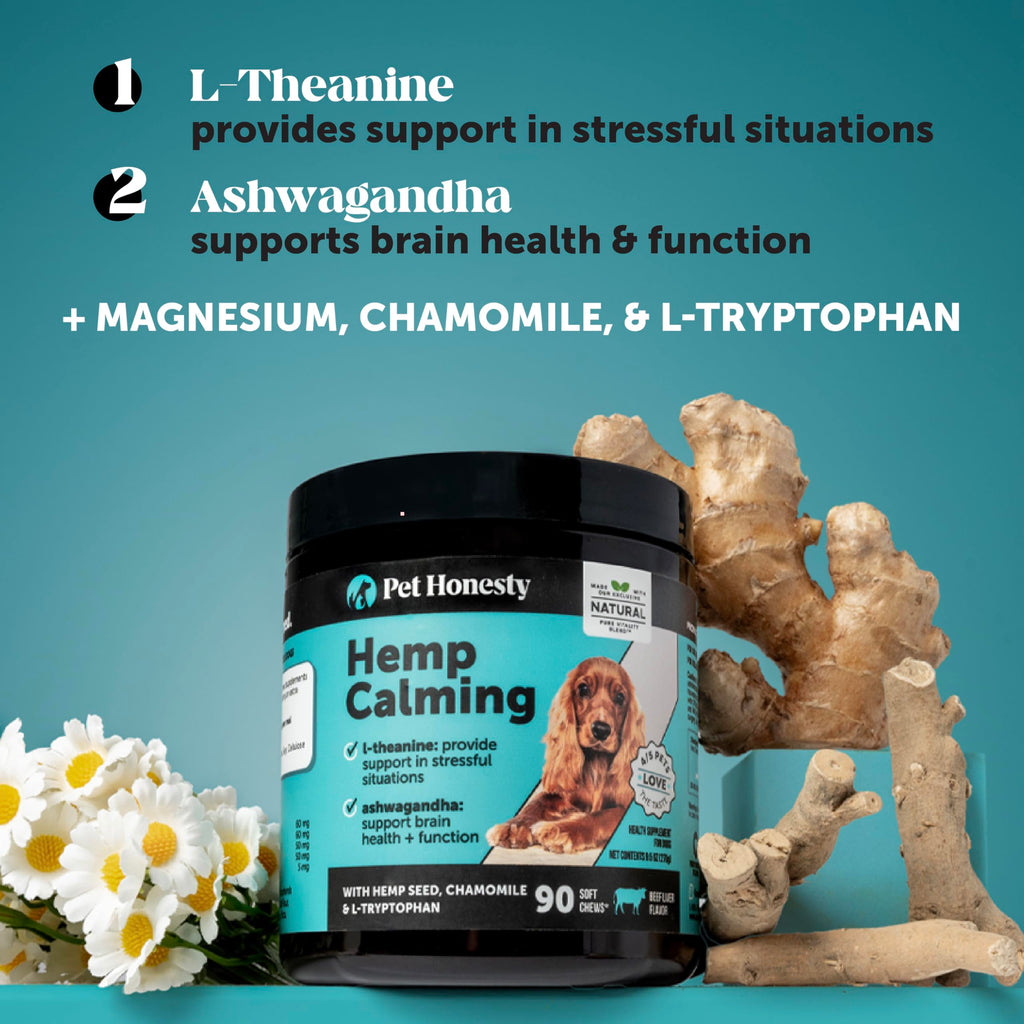 Natural Hemp Dog Calming Chews for Occasional Anxiousness & Stress - Calming Treats for Thunderstorms, Fireworks, Separation & Travel - with Ashwagandha, L-Theanine, Valerian Root (Chicken, 90 Ct)