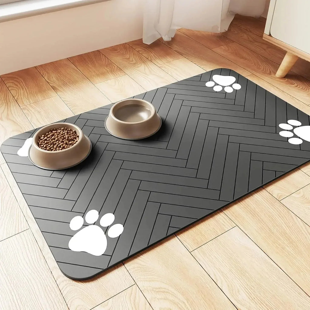 Modern Waterproof Pet Feeding Mat – Herringbone Pattern Dog & Cat Food Bowl Placemat – Anti-Slip Dark Grey Floor Protector with Paw Print Accents