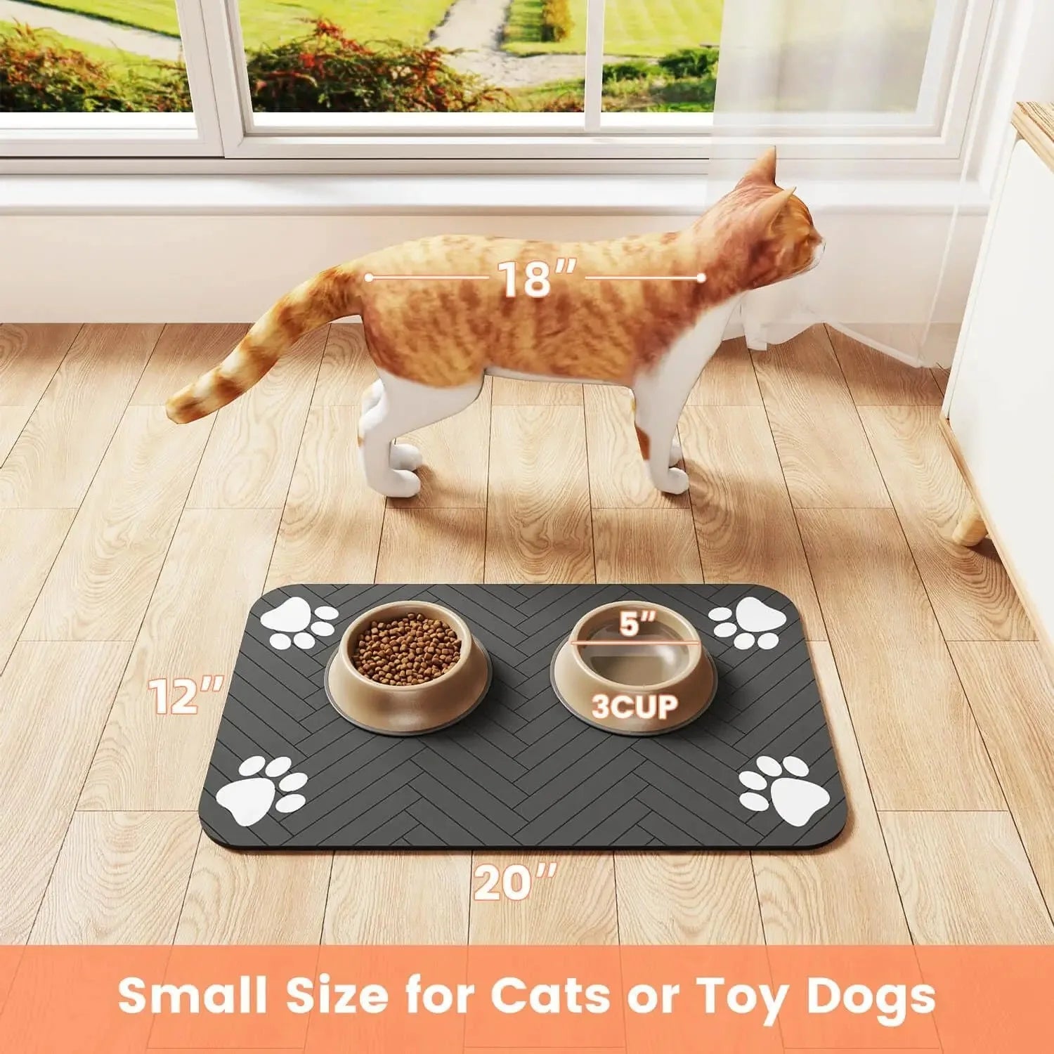 Modern Waterproof Pet Feeding Mat – Herringbone Pattern Dog & Cat Food Bowl Placemat – Anti-Slip Dark Grey Floor Protector with Paw Print Accents
