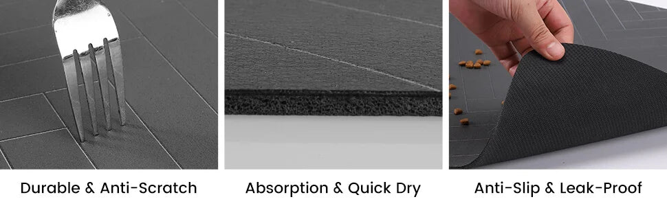 Modern Waterproof Pet Feeding Mat – Herringbone Pattern Dog & Cat Food Bowl Placemat – Anti-Slip Dark Grey Floor Protector with Paw Print Accents