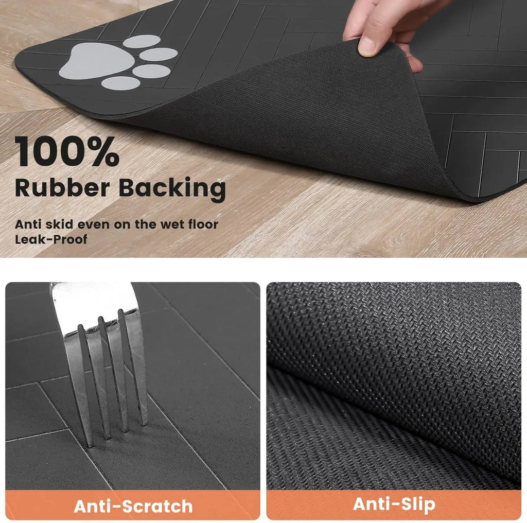 Modern Waterproof Pet Feeding Mat – Herringbone Pattern Dog & Cat Food Bowl Placemat – Anti-Slip Dark Grey Floor Protector with Paw Print Accents