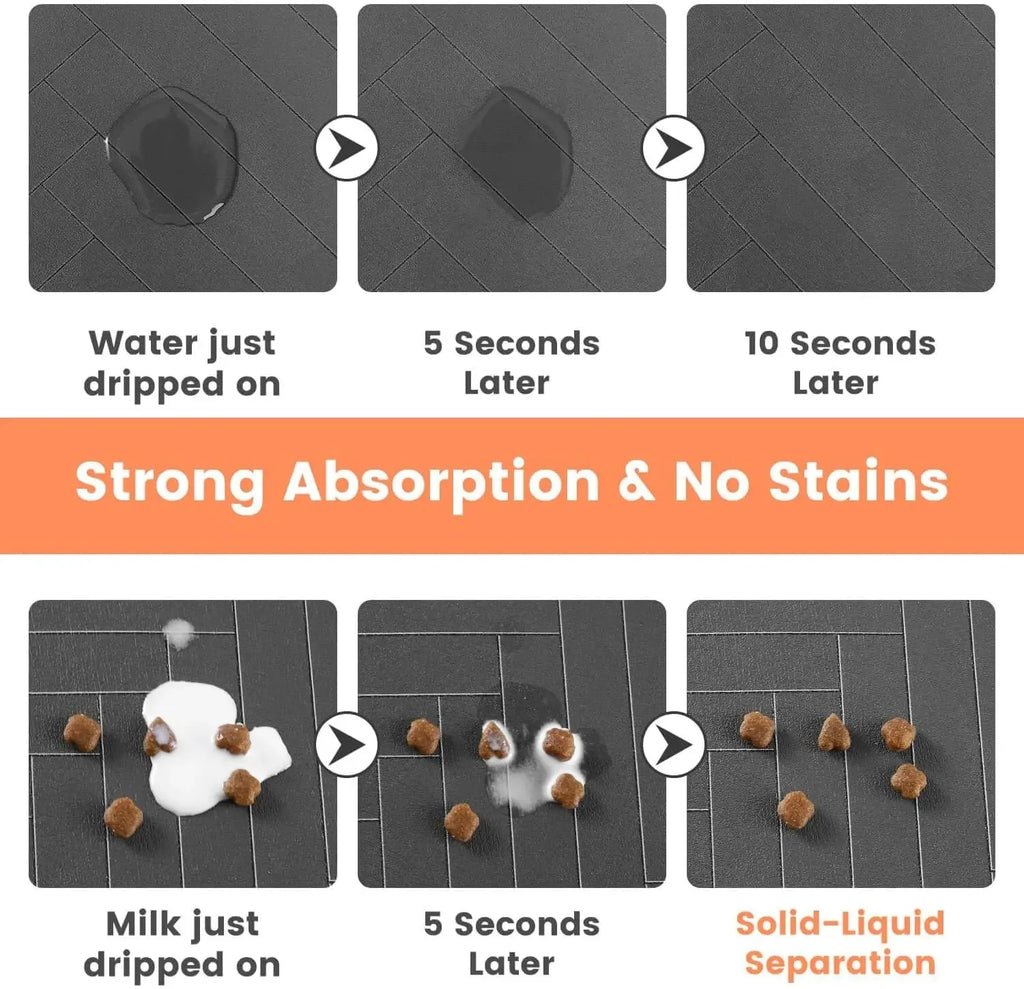 Modern Waterproof Pet Feeding Mat – Herringbone Pattern Dog & Cat Food Bowl Placemat – Anti-Slip Dark Grey Floor Protector with Paw Print Accents