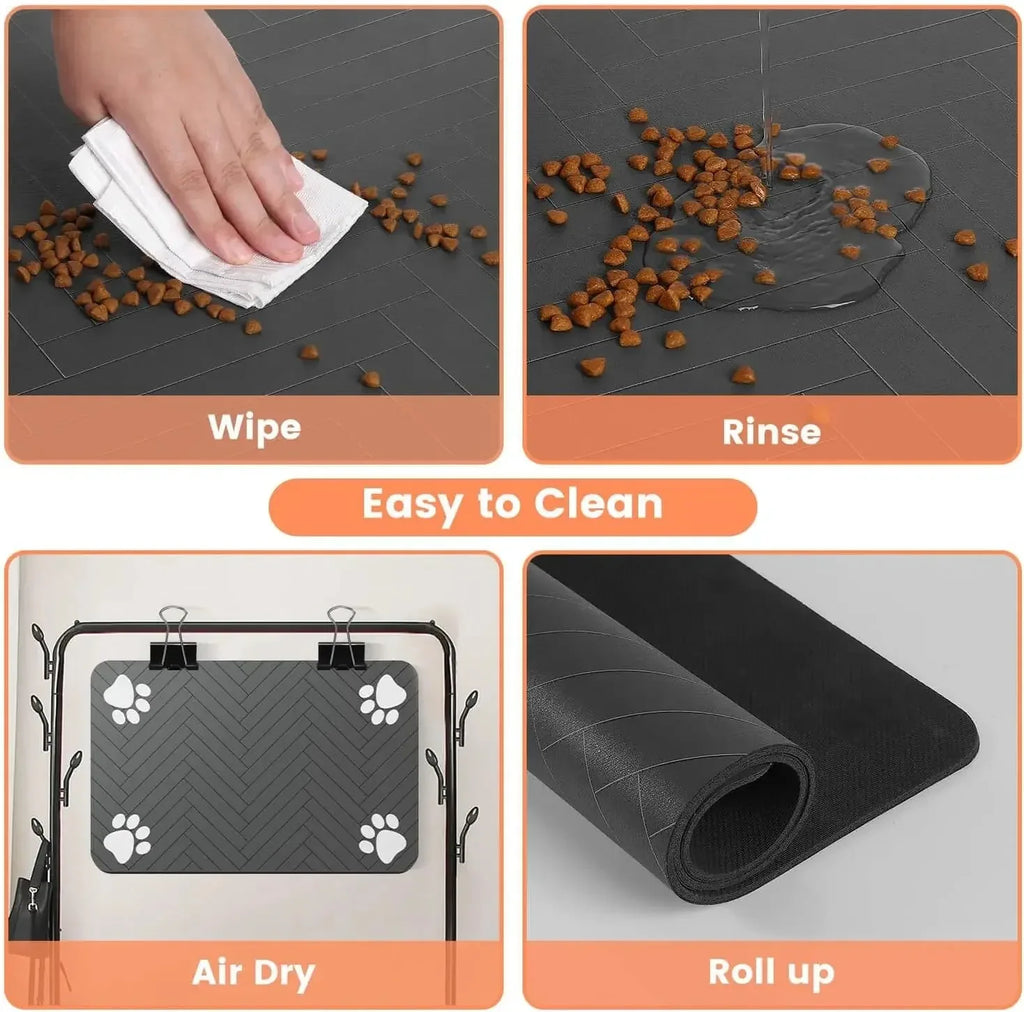 Modern Waterproof Pet Feeding Mat – Herringbone Pattern Dog & Cat Food Bowl Placemat – Anti-Slip Dark Grey Floor Protector with Paw Print Accents