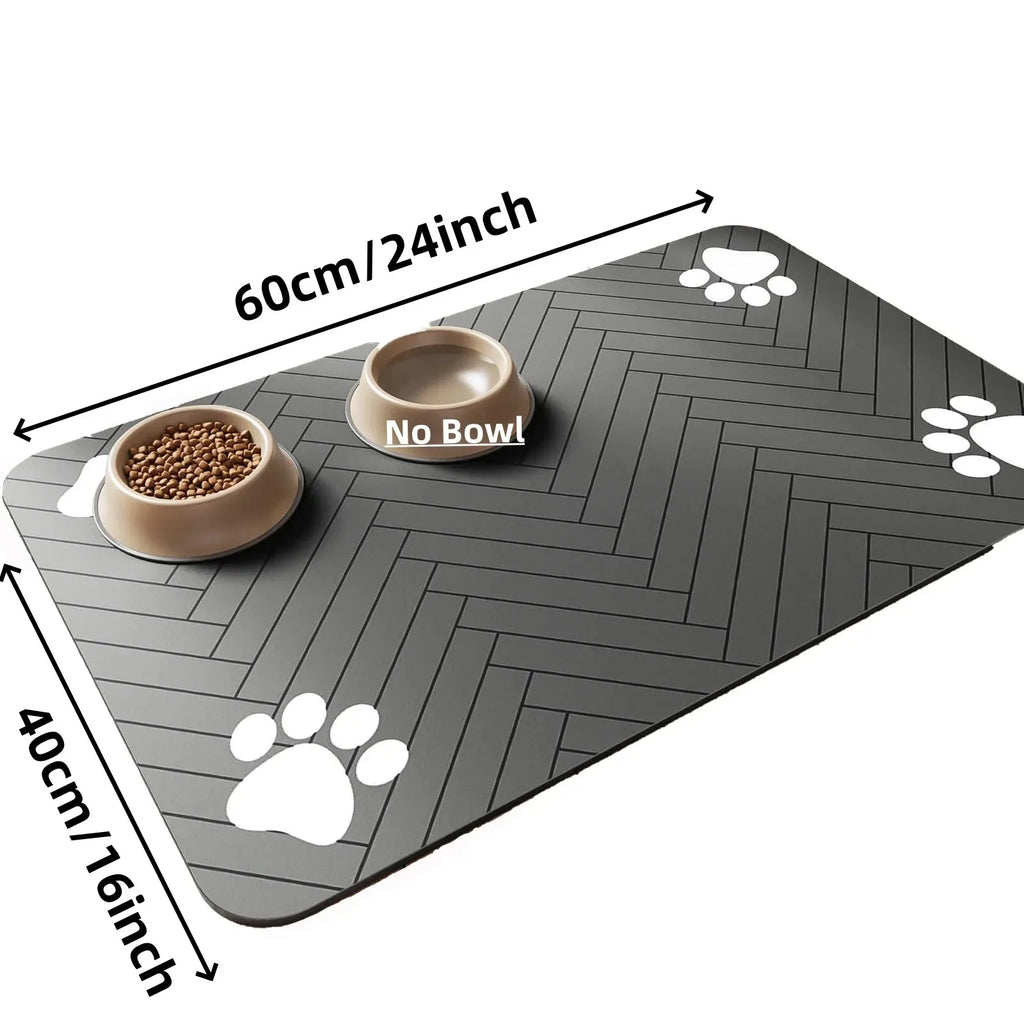 Modern Waterproof Pet Feeding Mat – Herringbone Pattern Dog & Cat Food Bowl Placemat – Anti-Slip Dark Grey Floor Protector with Paw Print Accents