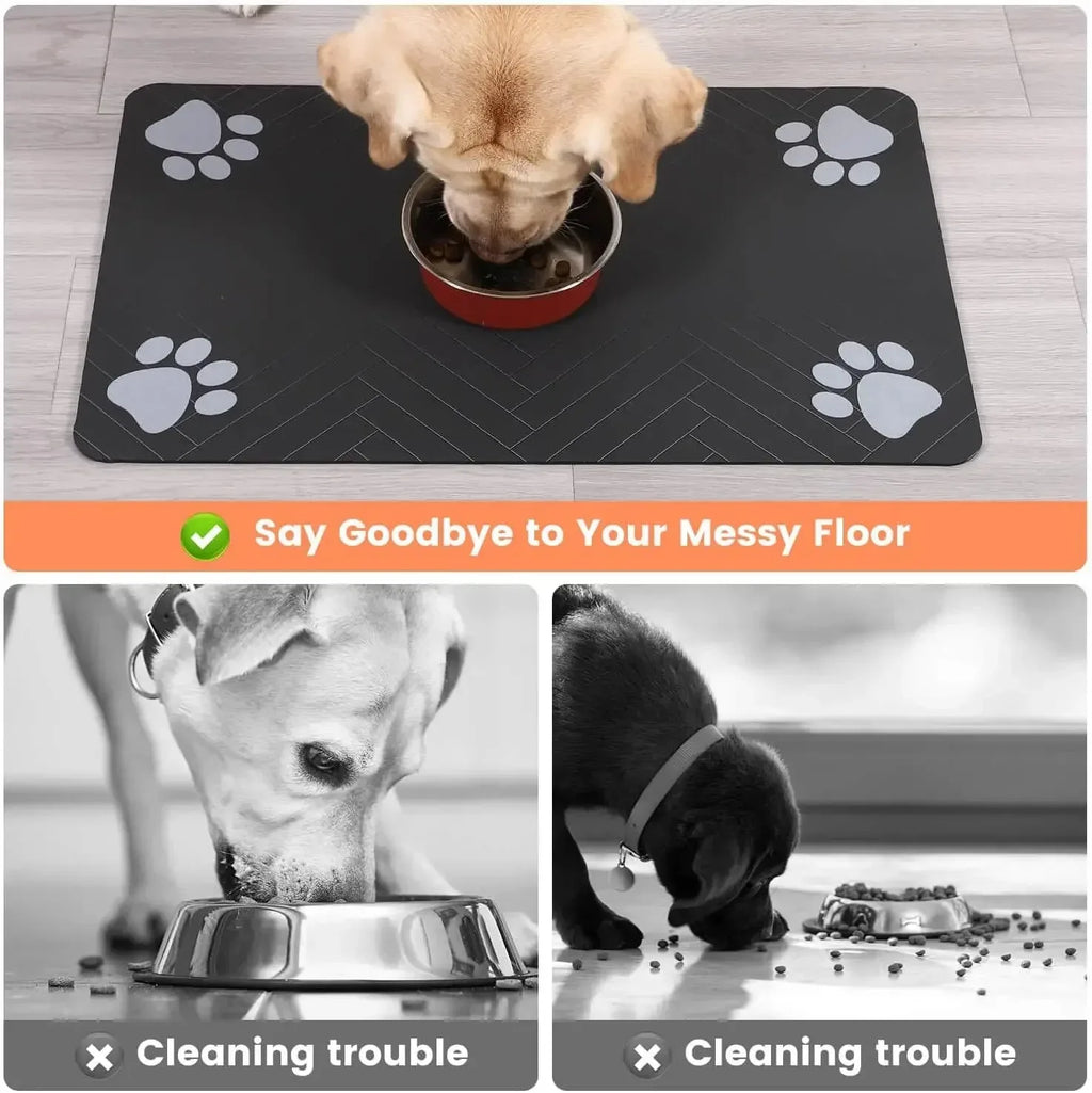 Modern Waterproof Pet Feeding Mat – Herringbone Pattern Dog & Cat Food Bowl Placemat – Anti-Slip Dark Grey Floor Protector with Paw Print Accents