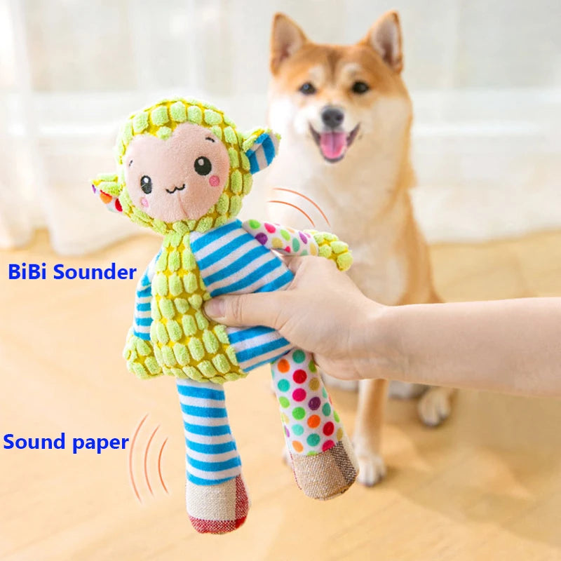 Multi-Textured Squeaky Dog Toy Series – Crinkle Paper & BB Squeaker Corduroy Plush – Cute Patchwork Stuffed Fox, Elephant, and Long-Limb Monkey Pet Toy - Snuggle Buddies