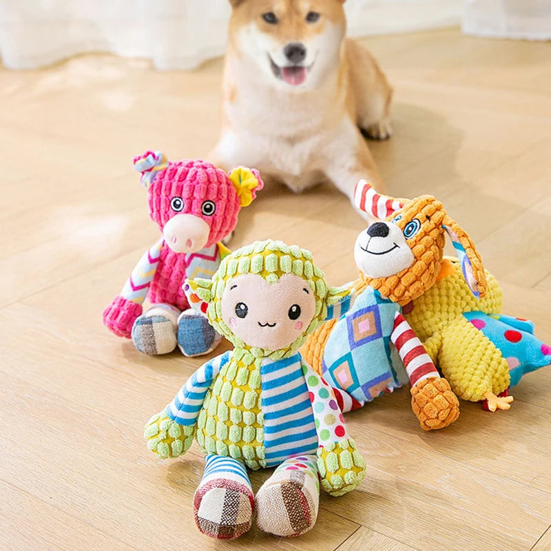 Multi-Textured Squeaky Dog Toy Series – Crinkle Paper & BB Squeaker Corduroy Plush – Cute Patchwork Stuffed Fox, Elephant, and Long-Limb Monkey Pet Toy - Snuggle Buddies
