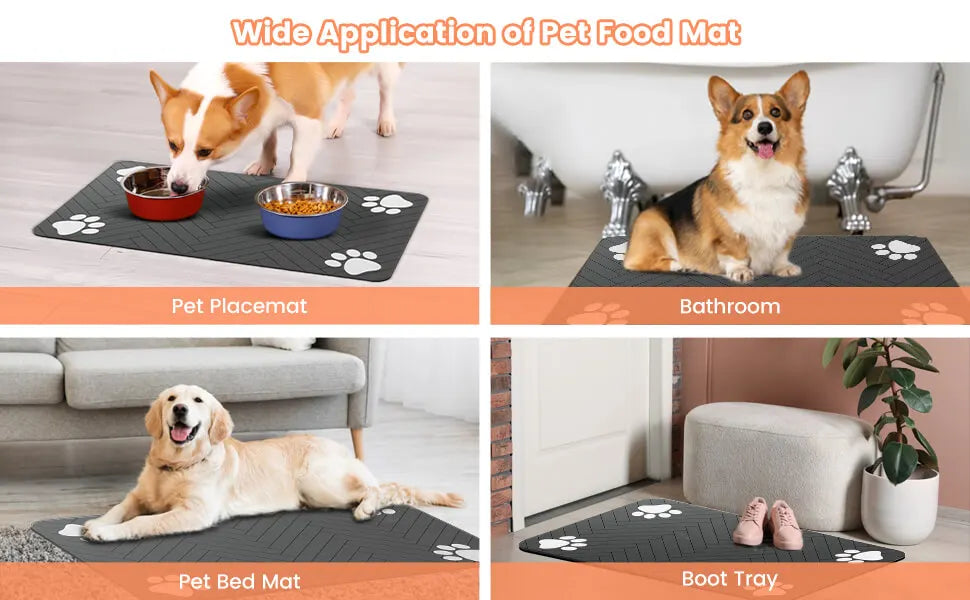 Modern Waterproof Pet Feeding Mat – Herringbone Pattern Dog & Cat Food Bowl Placemat – Anti-Slip Dark Grey Floor Protector with Paw Print Accents