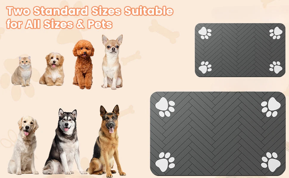 Modern Waterproof Pet Feeding Mat – Herringbone Pattern Dog & Cat Food Bowl Placemat – Anti-Slip Dark Grey Floor Protector with Paw Print Accents