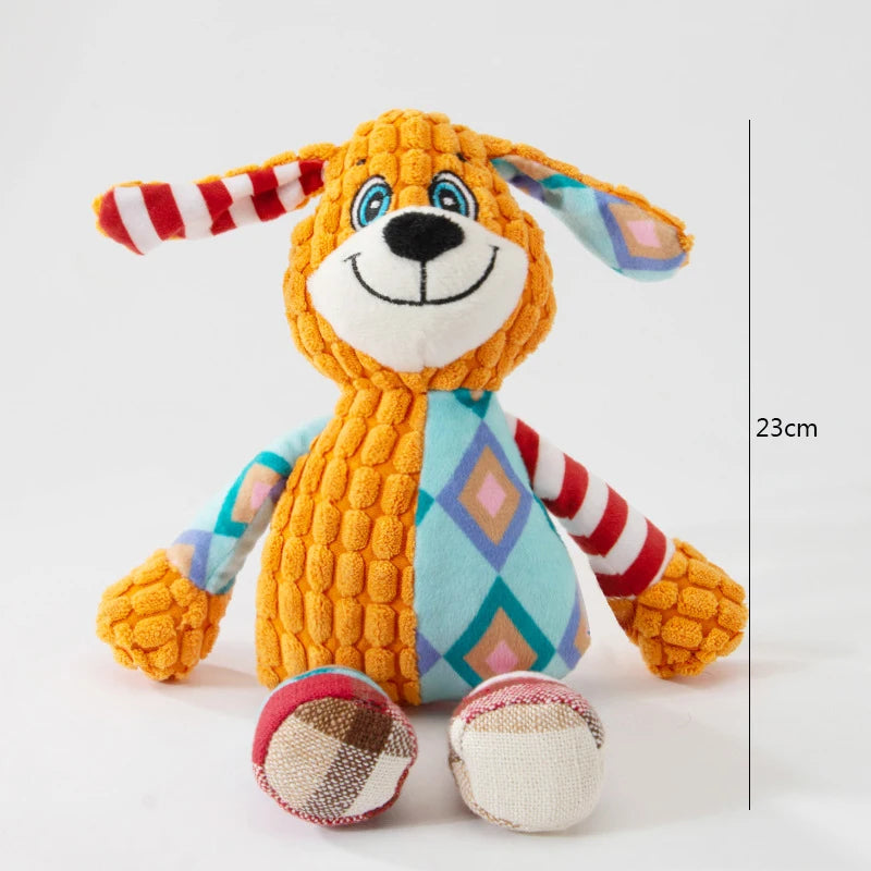 Multi-Textured Squeaky Dog Toy Series – Crinkle Paper & BB Squeaker Corduroy Plush – Cute Patchwork Stuffed Fox, Elephant, and Long-Limb Monkey Pet Toy - Snuggle Buddies