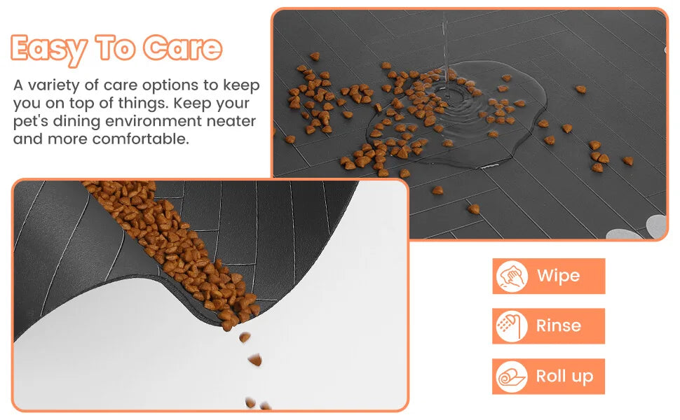 Modern Waterproof Pet Feeding Mat – Herringbone Pattern Dog & Cat Food Bowl Placemat – Anti-Slip Dark Grey Floor Protector with Paw Print Accents