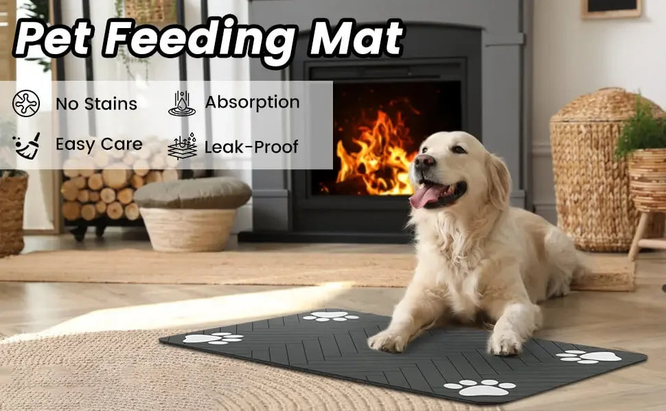 Modern Waterproof Pet Feeding Mat – Herringbone Pattern Dog & Cat Food Bowl Placemat – Anti-Slip Dark Grey Floor Protector with Paw Print Accents